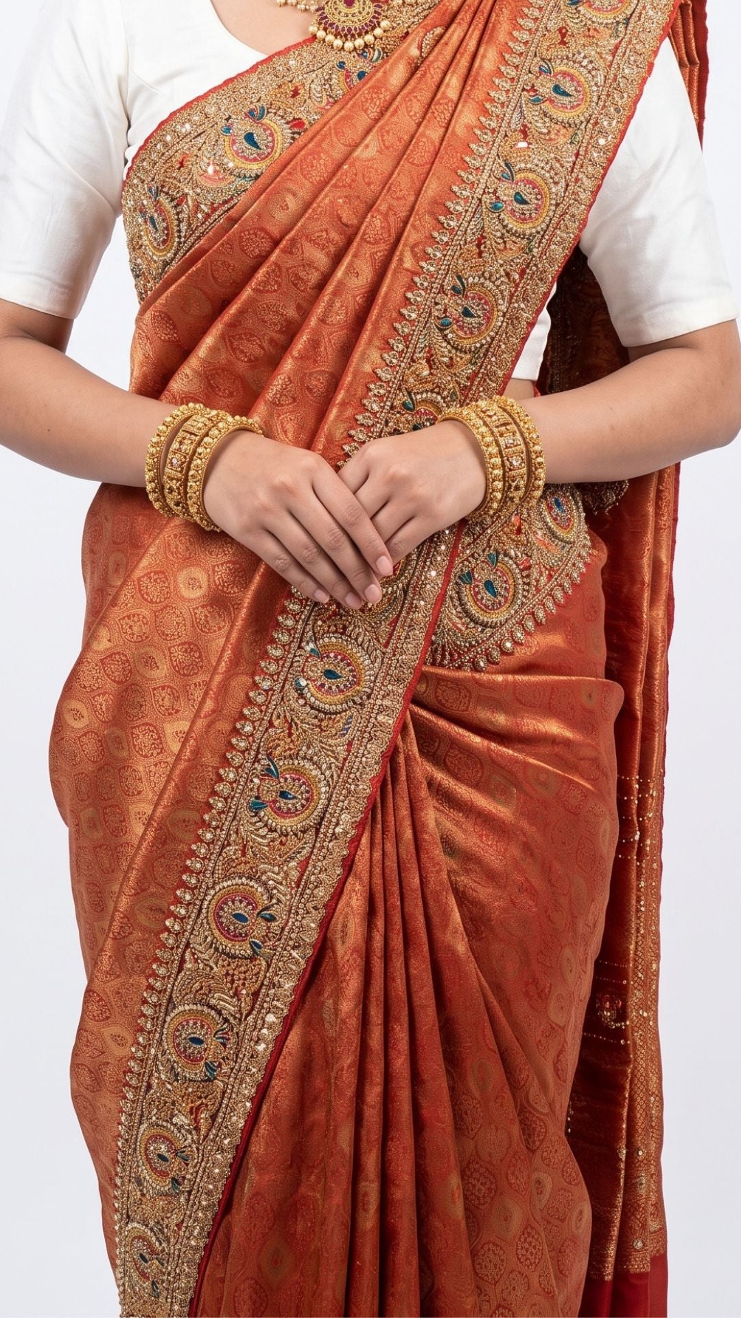 Orange Banarasi Silk Unstitched Saree with Dupatta Embellished with Moti & Zari Work